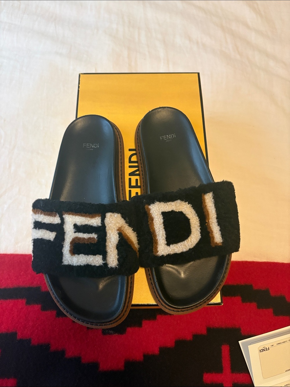 Fendi Black Shearling Logo Kids Slide Sandals with Cream Detailing